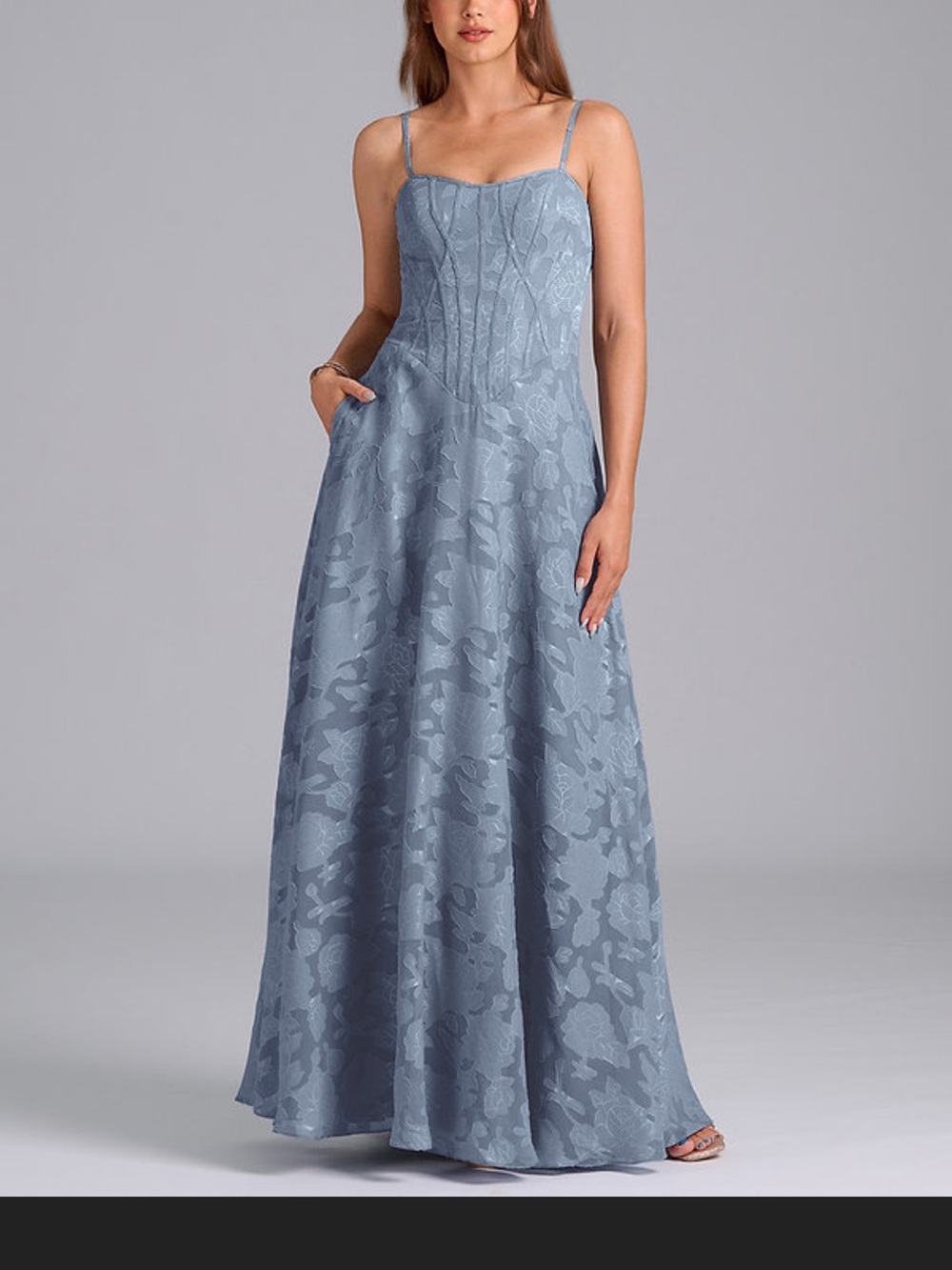 Azazie Stasy GREEN Floral Jacquard Spaghetti Strap Maxi Dress Agave